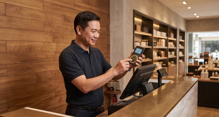 Chủ tiệm sử dụng la bàn đo đạc chính xác hướng Sinh Khí để đặt quầy thu ngân và bàn thờ Thần Tài
