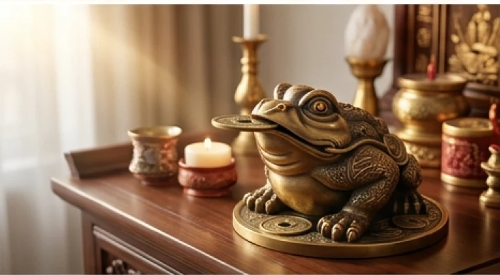 Tượng Kim Thiềm ngậm đồng xu cổ quay mặt hướng vào phía trong bàn thờ Thần Tài để giữ vững của cải