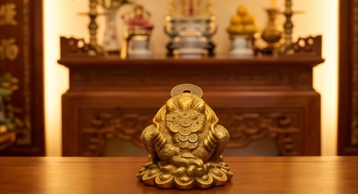 Tượng kim thiềm ngậm tiền vàng được xoay đầu hướng thẳng vào bàn thờ thần tài để thu hút tài lộc vào nhà