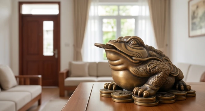 Tượng thiềm thừ ngậm tiền xu cố định được đặt hướng mặt vào phía trong phòng khách để nhả tài lộc