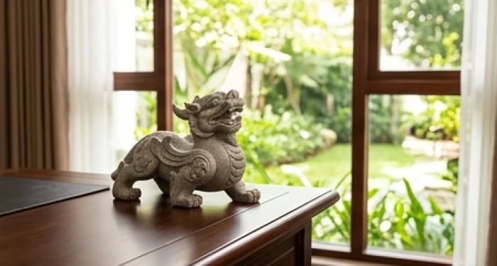 Góc bàn làm việc được bố trí tượng tỳ hưu quay mặt chếch ra hướng cửa sổ để đón sinh khí