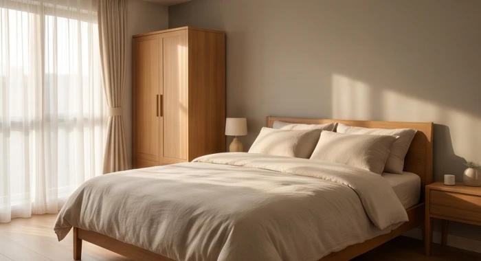 Chiếc giường ngủ rộng rãi kê sát bức tường kiên cố đón ánh sáng dịu nhẹ mang lại giấc ngủ sâu