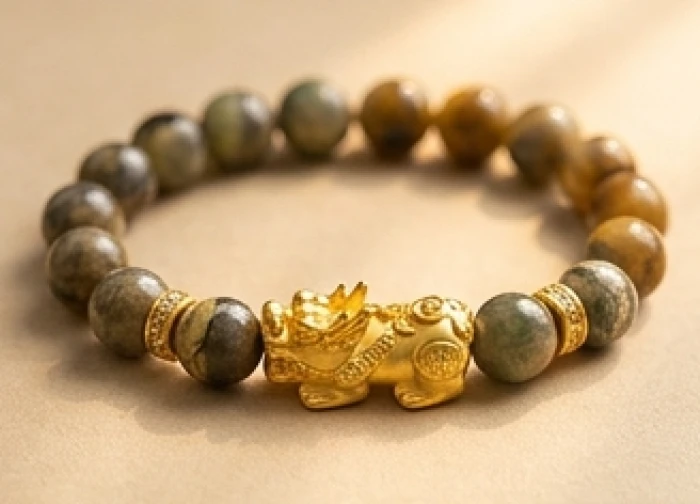 Charm linh vật Tỳ Hưu vàng đúc sắc sảo được xỏ giữa chuỗi đá với miệng hướng ra phía ngón tay