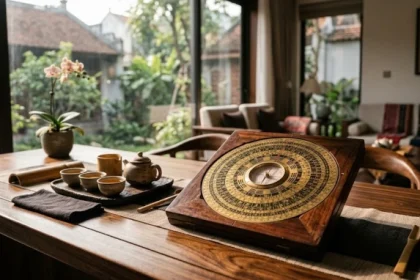 Hình ảnh la bàn Bát trạch minh họa hướng diên niên là gì trong không gian phòng khách Việt Nam