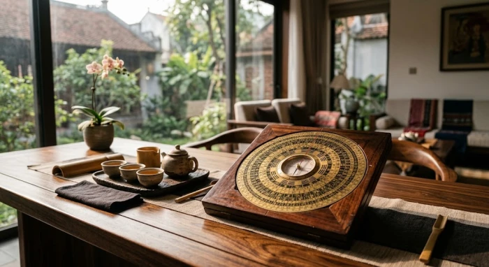 Hình ảnh la bàn Bát trạch minh họa hướng diên niên là gì trong không gian phòng khách Việt Nam