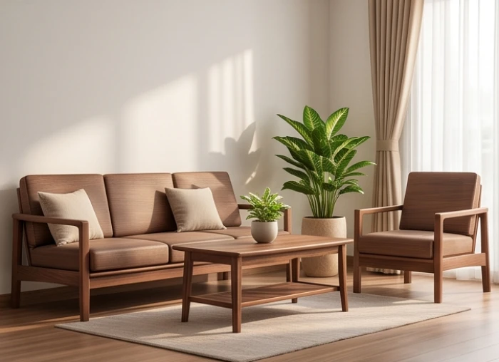 Góc phòng khách tối giản được bố trí hài hòa với bộ sofa gỗ óc chó và chậu cây vạn lộc tươi tốt