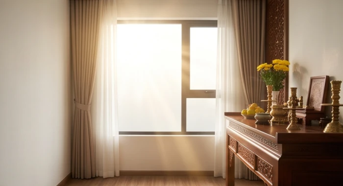Bàn thờ gỗ trang trọng hướng về phương Đông Nam đón ánh sáng tự nhiên hiền hòa vào phòng thờ
