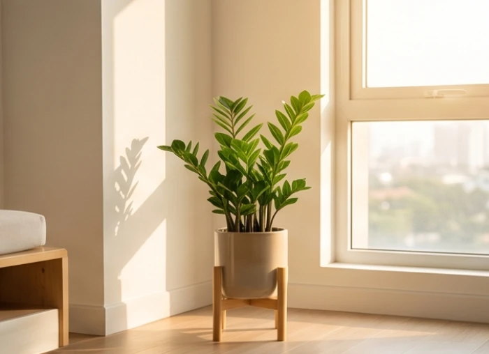 Chậu cây Kim Tiền đâm chồi xanh mướt đặt tại góc Đông Nam sáng sủa trong phòng khách của ngôi nhà