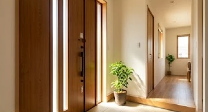 Sảnh nhà tràn ngập ánh sáng tự nhiên với cửa chính mở về hướng Đông Nam đón luồng sinh khí