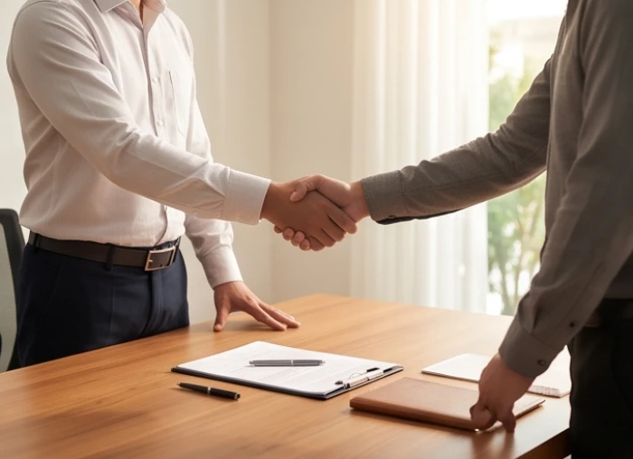 Hai người đàn ông đang thảo luận hợp đồng kinh doanh tại một không gian làm việc hiện đại