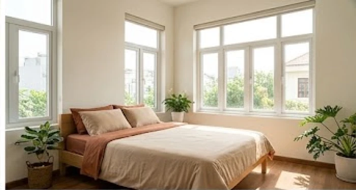 Không gian phòng ngủ thông thoáng có cửa sổ lớn đón nắng sớm dành cho người mệnh Thổ