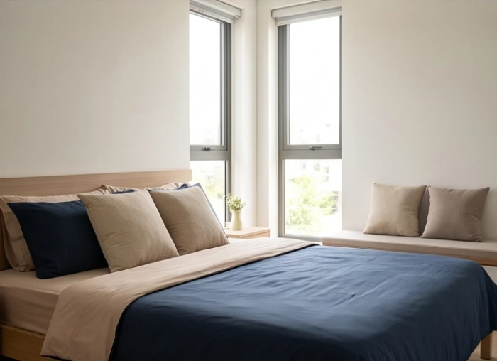 Giường ngủ được kê tựa đầu vào bức tường vững chắc với chăn ga màu xanh dương sẫm dịu mát