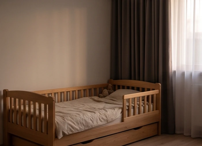 Góc phòng ngủ của bé trai với chiếc giường tựa sát vách tường vững chãi và cách xa khung cửa sổ