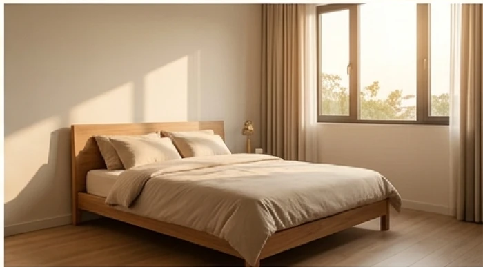 Phòng ngủ hiện đại với đầu giường bằng gỗ tự nhiên đặt tựa tường vững chắc hướng ra phương Đông đón ánh sáng ban mai