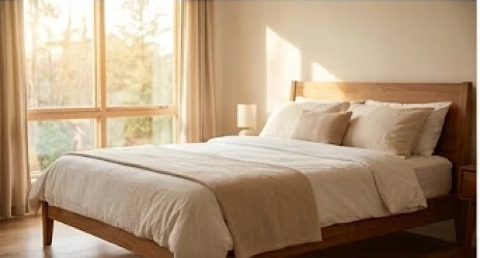 Giường ngủ bằng gỗ êm ái được kê hướng về phía Nam đón ánh sáng dịu nhẹ qua khung cửa sổ