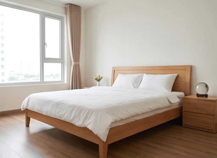 Không gian phòng ngủ ngăn nắp với giường được bố trí theo hướng cát tinh cùng quả cầu thạch anh phong thủy