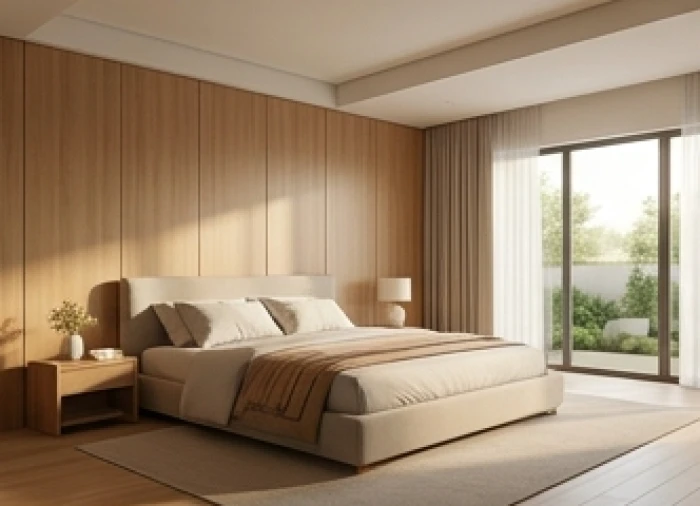 Giường ngủ tựa vững vào tường hướng chân về phía Sinh Khí kết hợp trần thạch cao che phẳng xà ngang cho tuổi Kỷ Mão 1999
