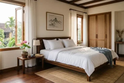 Không gian phòng ngủ hiện đại với la bàn phong thủy giúp gia chủ xác định hướng giường ngủ hợp tuổi Mão