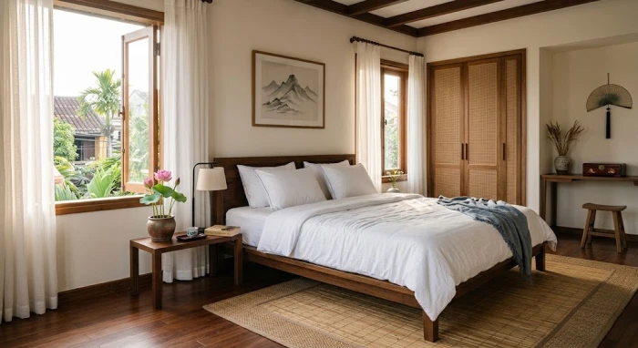 Không gian phòng ngủ hiện đại với la bàn phong thủy giúp gia chủ xác định hướng giường ngủ hợp tuổi Mão