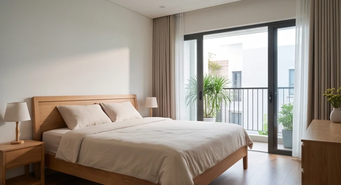 Phòng ngủ tràn ngập ánh sáng tự nhiên với giường gỗ được bố trí chuẩn theo cung phi của gia chủ