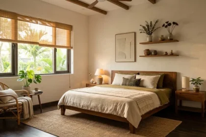 Không gian phòng ngủ tĩnh tại mang đậm phong cách Á Đông với hướng giường ngủ hợp tuổi Tý giúp thu hút nguồn vượng khí