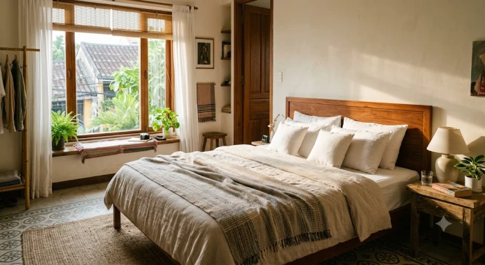 Giường ngủ hiện đại với phần đầu giường quay về hướng Tây Bắc nhằm đón nhận ánh sáng tự nhiên