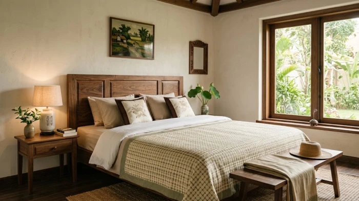 Chiếc giường ngủ êm ái được kê sát tường vững chãi tạo nên một điểm tựa phong thủy an toàn trong không gian nghỉ ngơi