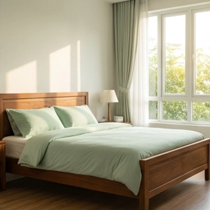 Giường ngủ bằng gỗ tự nhiên kê theo hướng Nam với chăn ga gối đệm êm ái mang sắc xanh nhạt