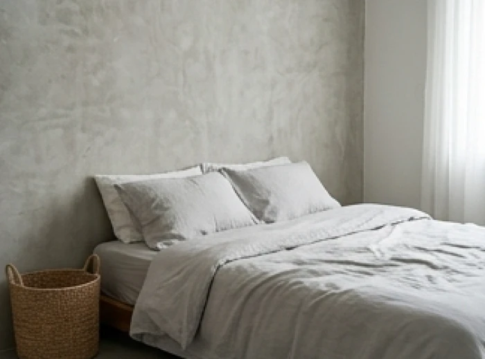 Giường ngủ được kê sát bức tường kiên cố ở hướng Tây Bắc với bộ chăn ga màu xám nhạt