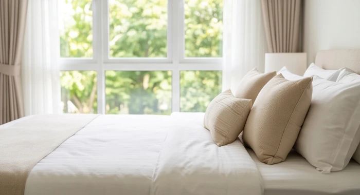 Góc nhìn từ phía đầu giường xuống cuối chân giường trong phòng ngủ rộng rãi có cửa sổ đón nắng lớn