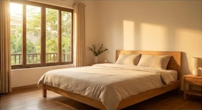 Không gian phòng ngủ êm ái với chiếc giường bằng gỗ quay về hướng đón ánh sáng ban mai rực rỡ