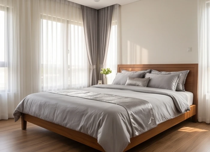 Phòng ngủ êm ái với giường kê hướng Sinh Khí kết hợp bộ chăn ga gối màu xám bạc tinh tế hài hòa phong thủy
