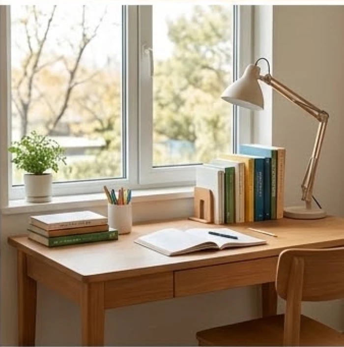 Bàn học được bố trí xoay mặt về hướng cửa sổ đón ánh sáng và sinh khí tốt lành