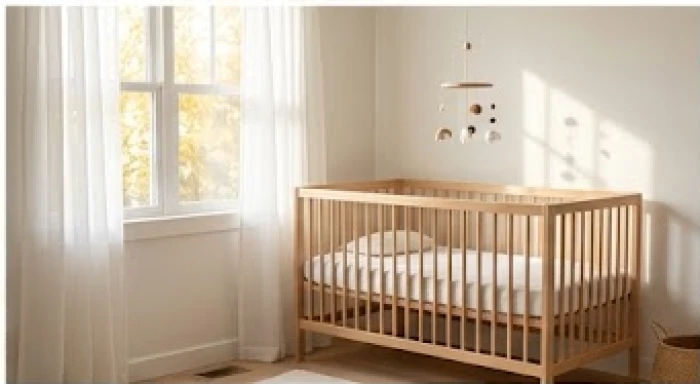 Nôi của bé trai đặt cách mảng tường đón nắng một khoảng an toàn để đảm bảo sự luân chuyển không khí