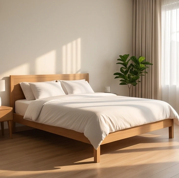 Giường ngủ êm ái với thiết kế tối giản, chân giường hướng về cung Thiên Y giúp cải thiện giấc ngủ