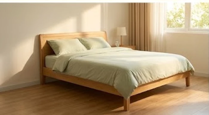 Chiếc giường ngủ được kê áp sát tường vững chãi với không gian gầm giường thông thoáng sạch sẽ