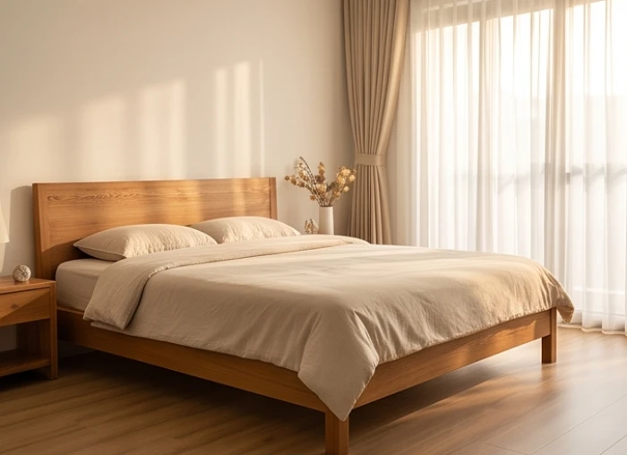 Phòng ngủ yên tĩnh với đầu giường gỗ hướng về phía Tây có khoảng cách thoáng hai bên