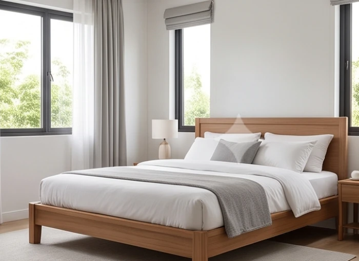 Giường ngủ gỗ tự nhiên đặt xoay đầu về hướng tốt đón ánh sáng nhẹ nhàng trong căn phòng ấm cúng của gia chủ tuổi Dậu