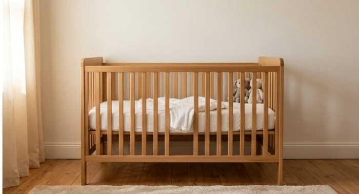 Chiếc nôi gỗ kiên cố được đặt sát bức tường góc phòng và cách xa khu vực cửa chính đón gió