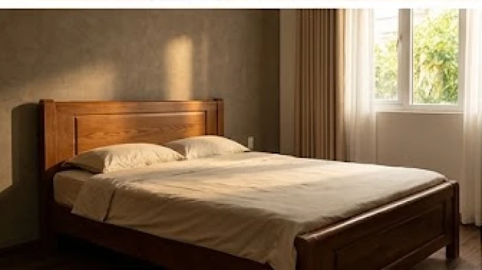 Giường ngủ bằng gỗ kê sát bức tường vững chãi với khoảng cách hợp lý đón ánh sáng dịu nhẹ