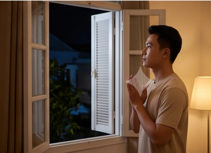 Nam thanh niên chắp tay thành kính thực hiện nghi lễ dâng sao hướng ra cửa sổ