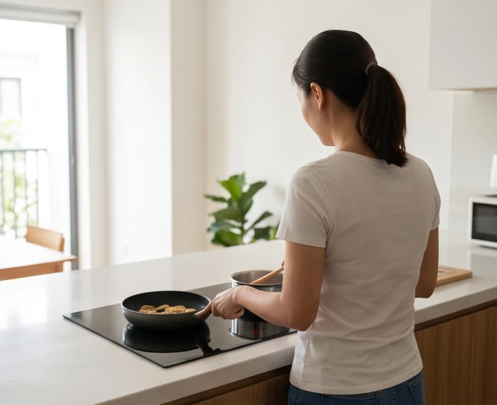 Người phụ nữ đang đứng nấu ăn trước bếp điện từ phẳng với hướng lưng quay ra không gian mở