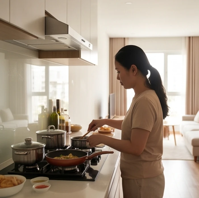 Người nội trợ đứng thao tác đun nấu trong gian bếp gọn gàng với hướng lưng quay ra không gian rộng phía sau