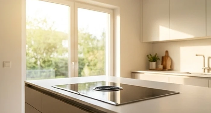 Không gian bếp hiện đại với mặt bếp và khu vực nấu nướng nhìn thẳng ra cửa sổ lớn