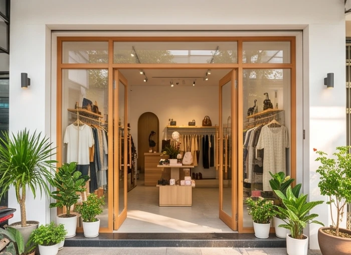 Mặt tiền một cửa hàng nhỏ ngập tràn ánh sáng tự nhiên với cánh cửa kính mở rộng chào đón