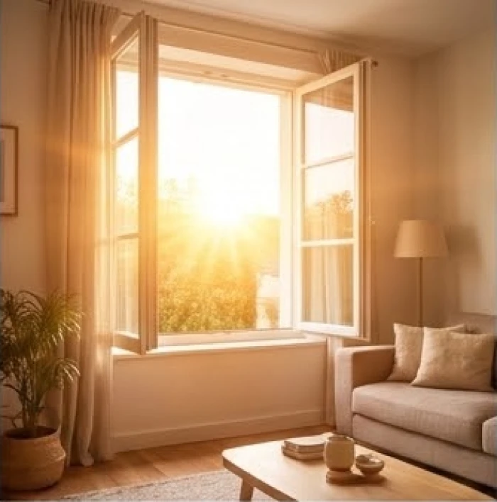 Khung cửa sổ mở rộng đón ánh nắng mặt trời rực rỡ chiếu vào không gian phòng khách mang đậm dương khí