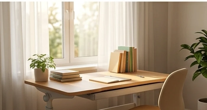 Trẻ ngồi học với tư thế ngay ngắn tại chiếc bàn có hướng nhìn mở rộng không bị tường tối tăm che khuất
