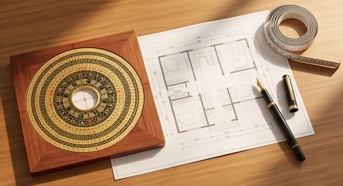 La bàn phong thủy bằng gỗ đặt trên bản vẽ mặt bằng nhà giúp phân định hướng cát hung Bát Trạch