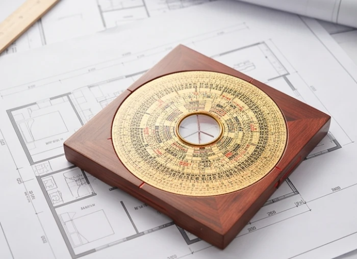 Chiếc la bàn Bát trạch bằng gỗ đặt trên bản vẽ mặt bằng nhà giúp xác định hướng cát hung cho nam và nữ mạng tuổi Thìn