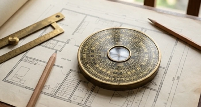 La bàn Bát Trạch phong thủy đặt trên bản vẽ kỹ thuật định tọa độ hướng nhà cát hung tân mão 1951